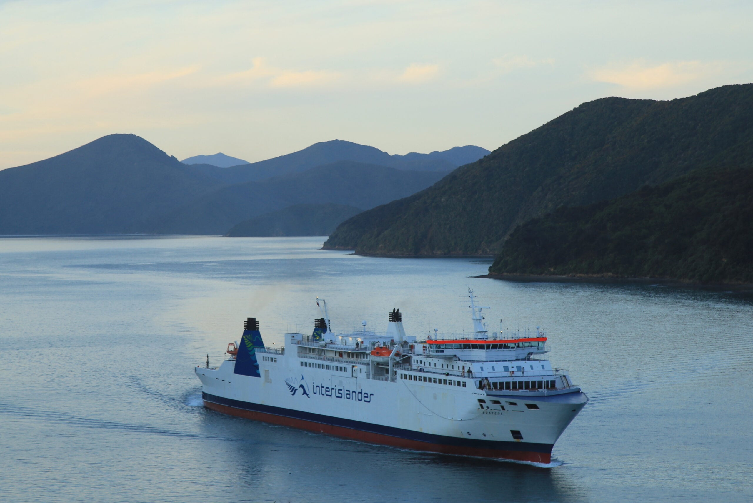 Interislander ferry travelling through the Marlborough Sounds